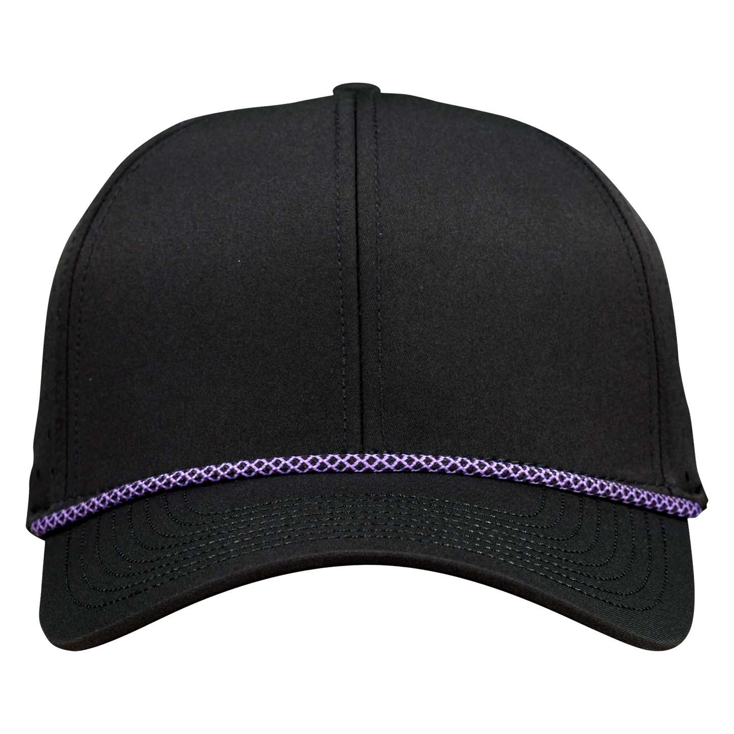 Performance Series 6-Panel Classic Waterproof Golf Hat with Visor Rope - Sable Black with Purple Rope