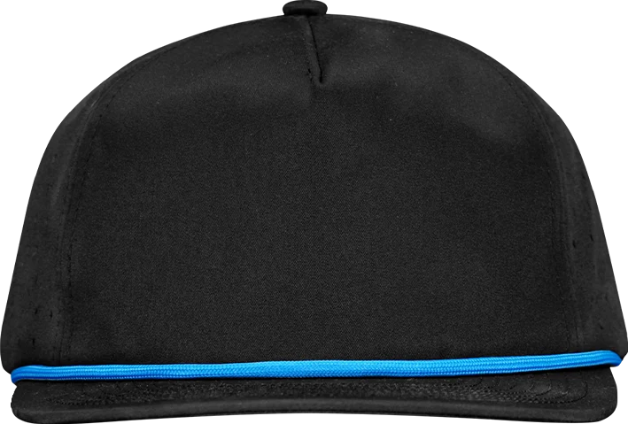 5-Panel Waterproof Non-Structured Golf Hat with Visor Rope - Sable Black with Blue Rope front view