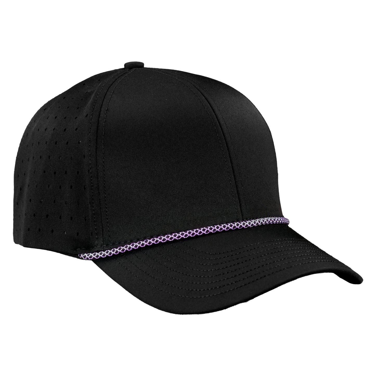 Performance Series 6-Panel Classic Waterproof Golf Hat with Visor Rope - Sable Black with Purple Rope