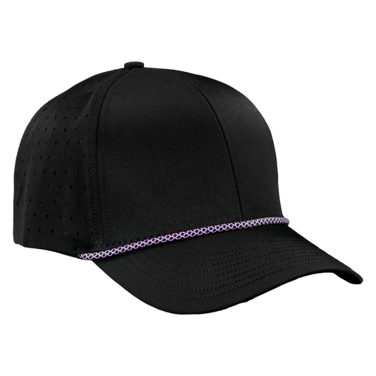 Performance Series 6-Panel Classic Waterproof Golf Hat with Visor Rope - Sable Black with Purple Rope