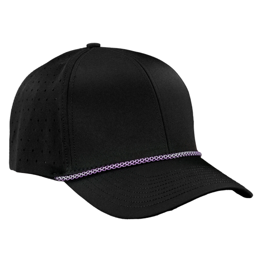 Performance Series 6-Panel Classic Waterproof Golf Hat with Visor Rope - Sable Black with Purple Rope