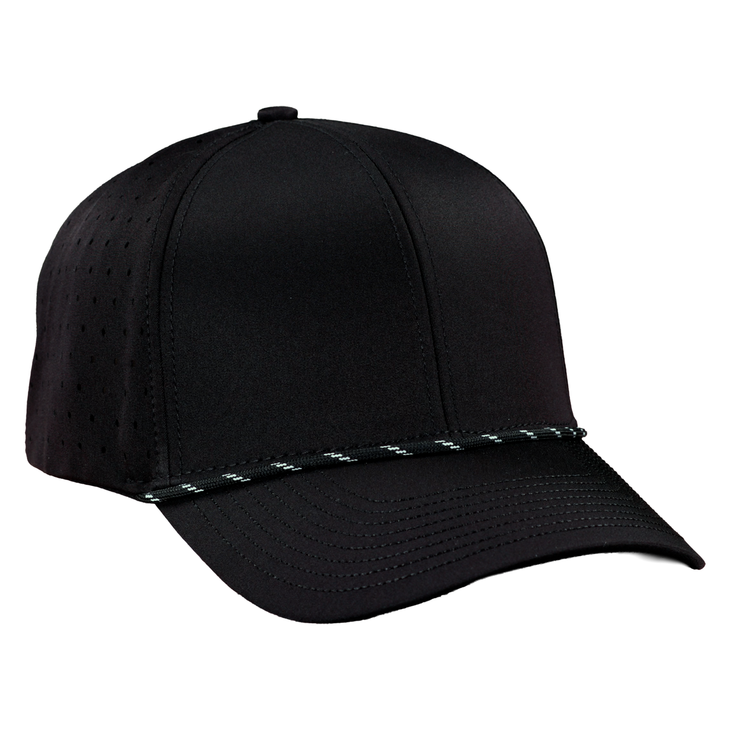 Performance Series 6-Panel Classic Waterproof Golf Hat with Visor Rope - Sable Black with Black Rope