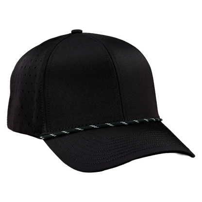 Performance Series 6-Panel Classic Waterproof Golf Hat with Visor Rope - Sable Black with Black Rope