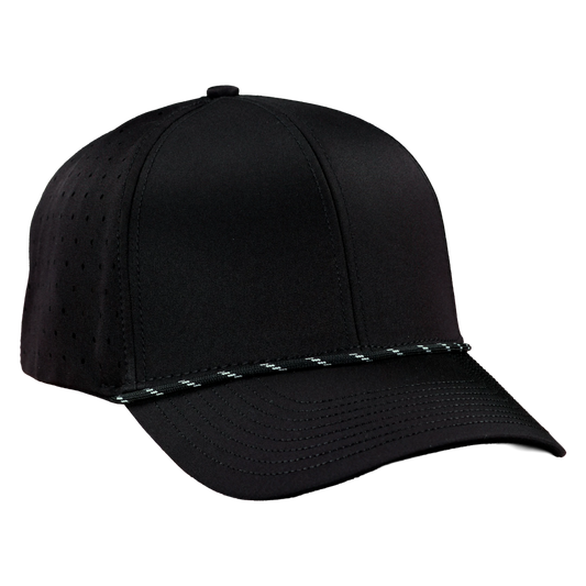 Performance Series 6-Panel Classic Waterproof Golf Hat with Visor Rope - Sable Black with Black Rope