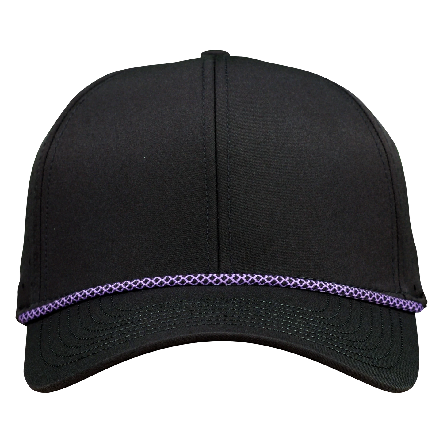 Performance Series 6-Panel Classic Waterproof Golf Hat with Visor Rope - Sable Black with Purple Rope