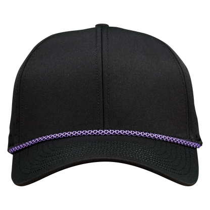 Performance Series 6-Panel Classic Waterproof Golf Hat with Visor Rope - Sable Black with Purple Rope