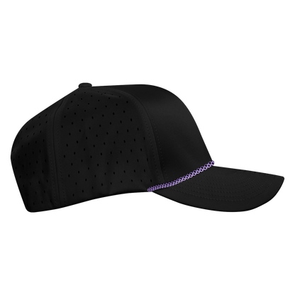 Performance Series 6-Panel Classic Waterproof Golf Hat with Visor Rope - Sable Black with Purple Rope