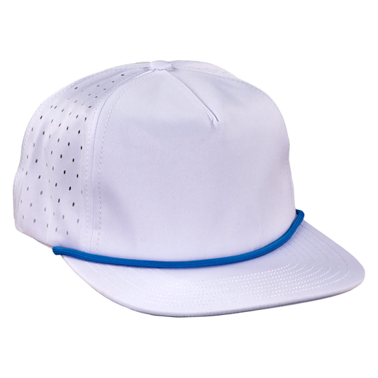 5-Panel Waterproof Non-Structured Golf Hat with Visor Rope - Salt White with Blue Rope