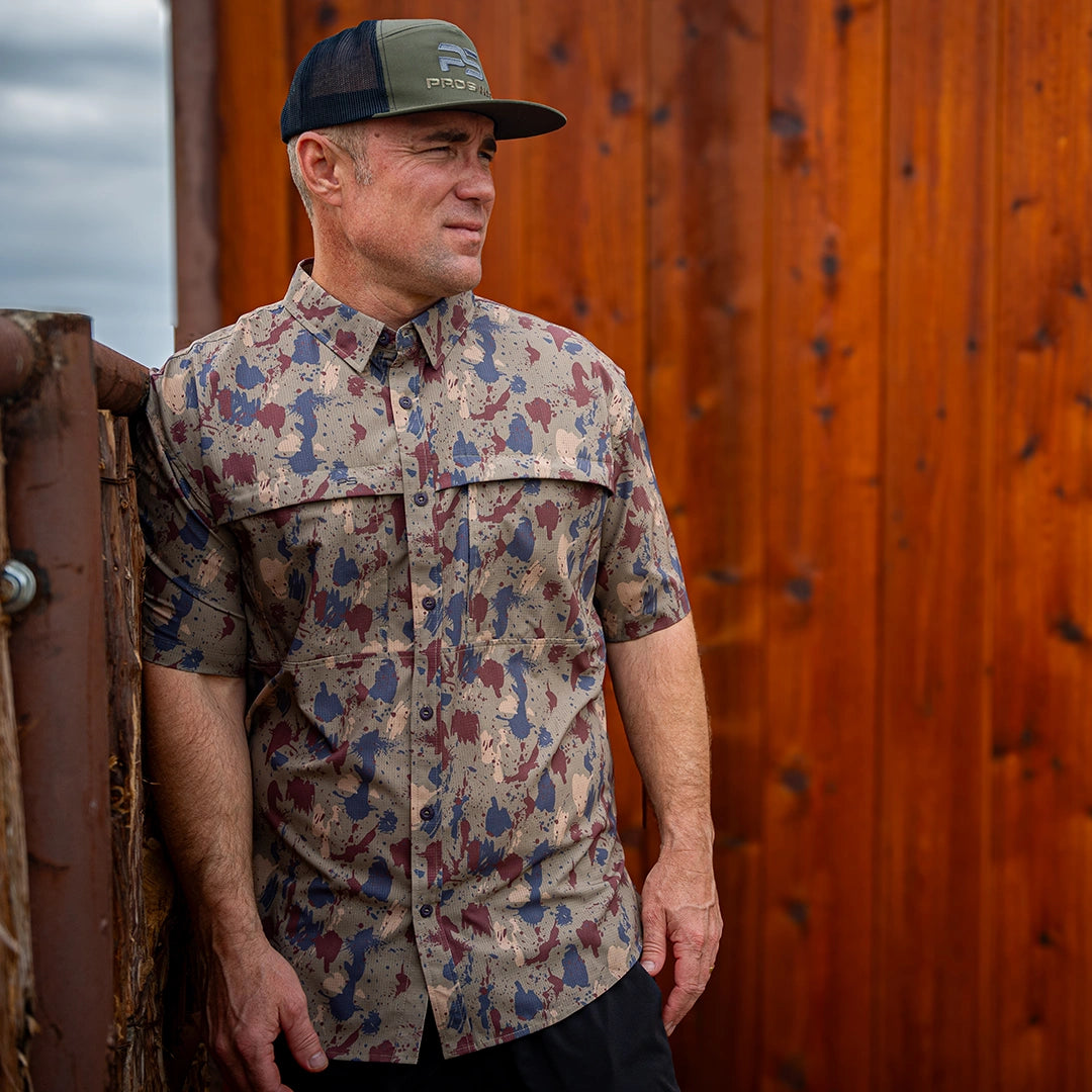 Premium Series Camo Short Sleeve Fishing Shirt - Clay