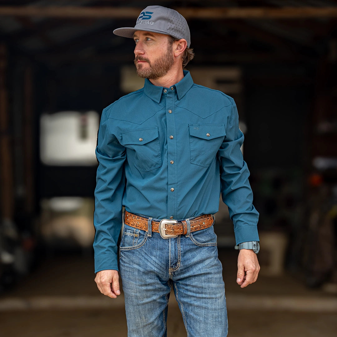 Long Sleeve Premium Western Pearl Snap Flex Shirt - Reef Blue