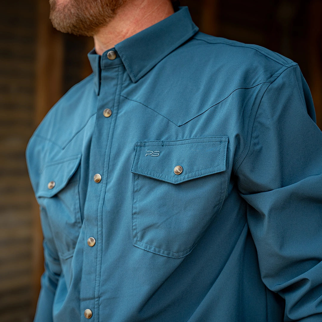 Long Sleeve Premium Western Pearl Snap Flex Shirt - Reef Blue
