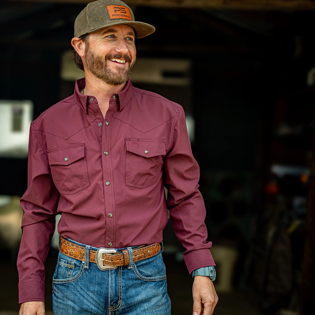 Long Sleeve Premium Western Pearl Snap Flex Shirt - Sangria Maroon