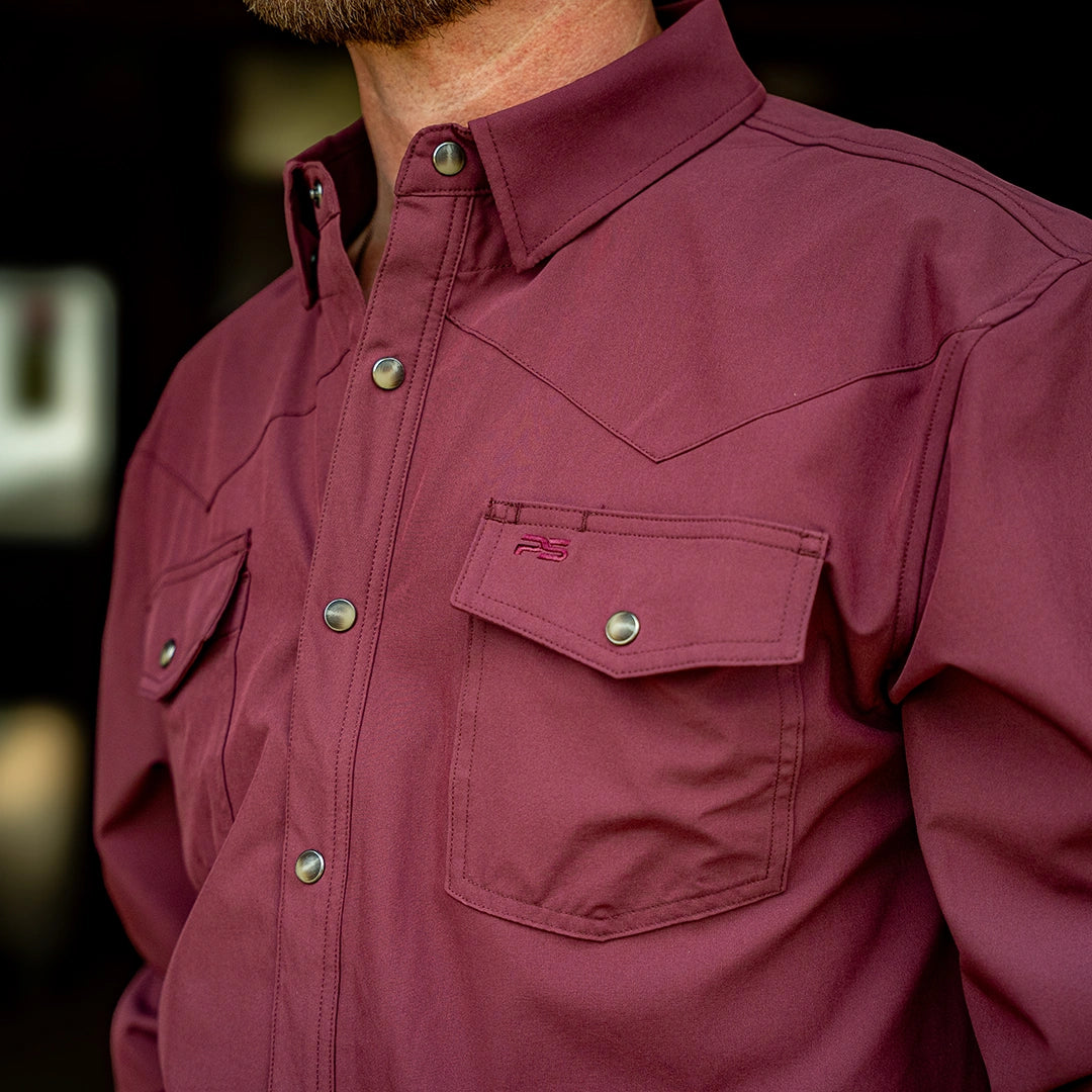 Long Sleeve Premium Western Pearl Snap Flex Shirt - Sangria Maroon