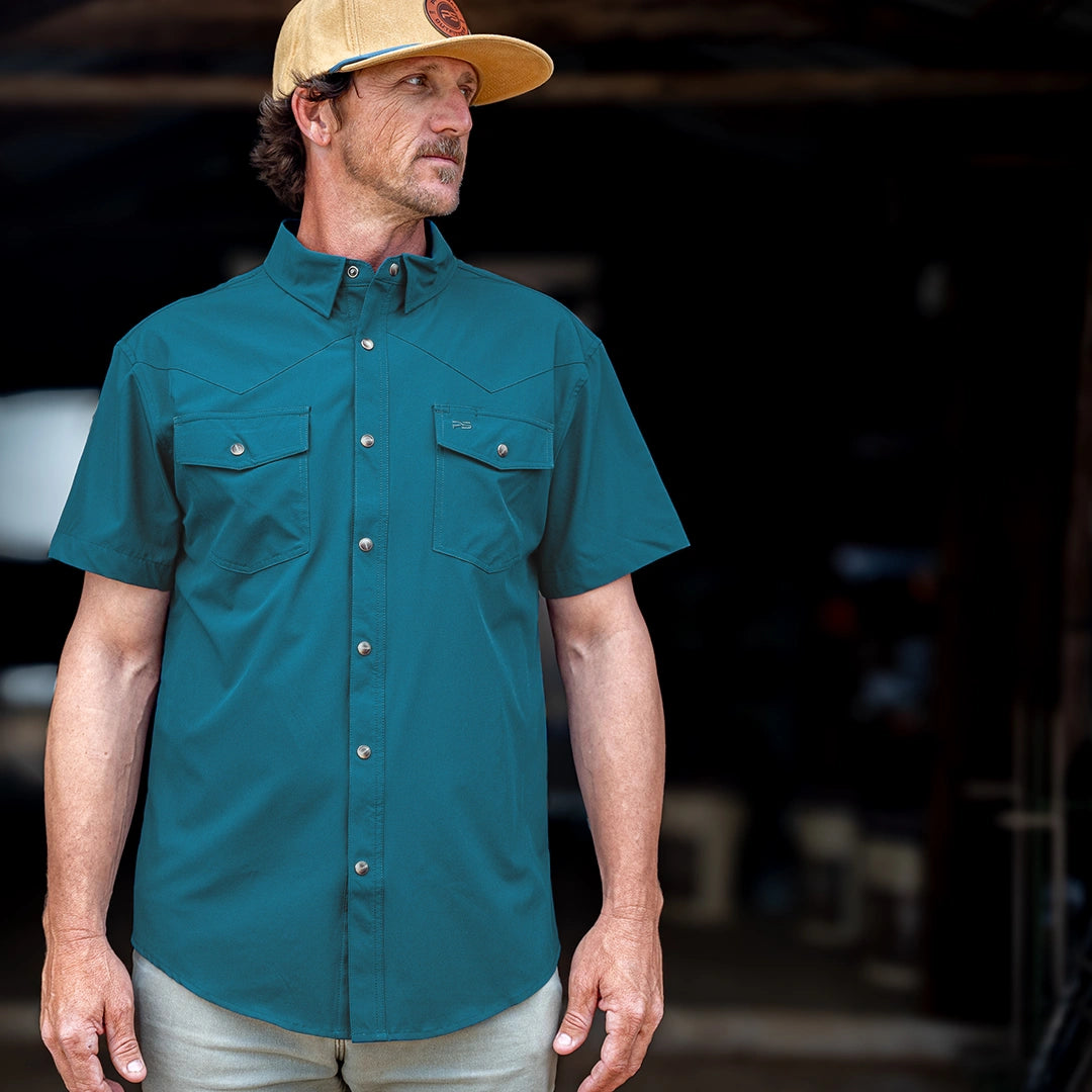 Short Sleeve Premium Western Pearl Snap Flex Shirt - Reef Blue