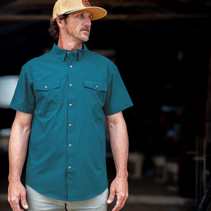Short Sleeve Western Pearl Snap Flex Shirt - Reef Blue