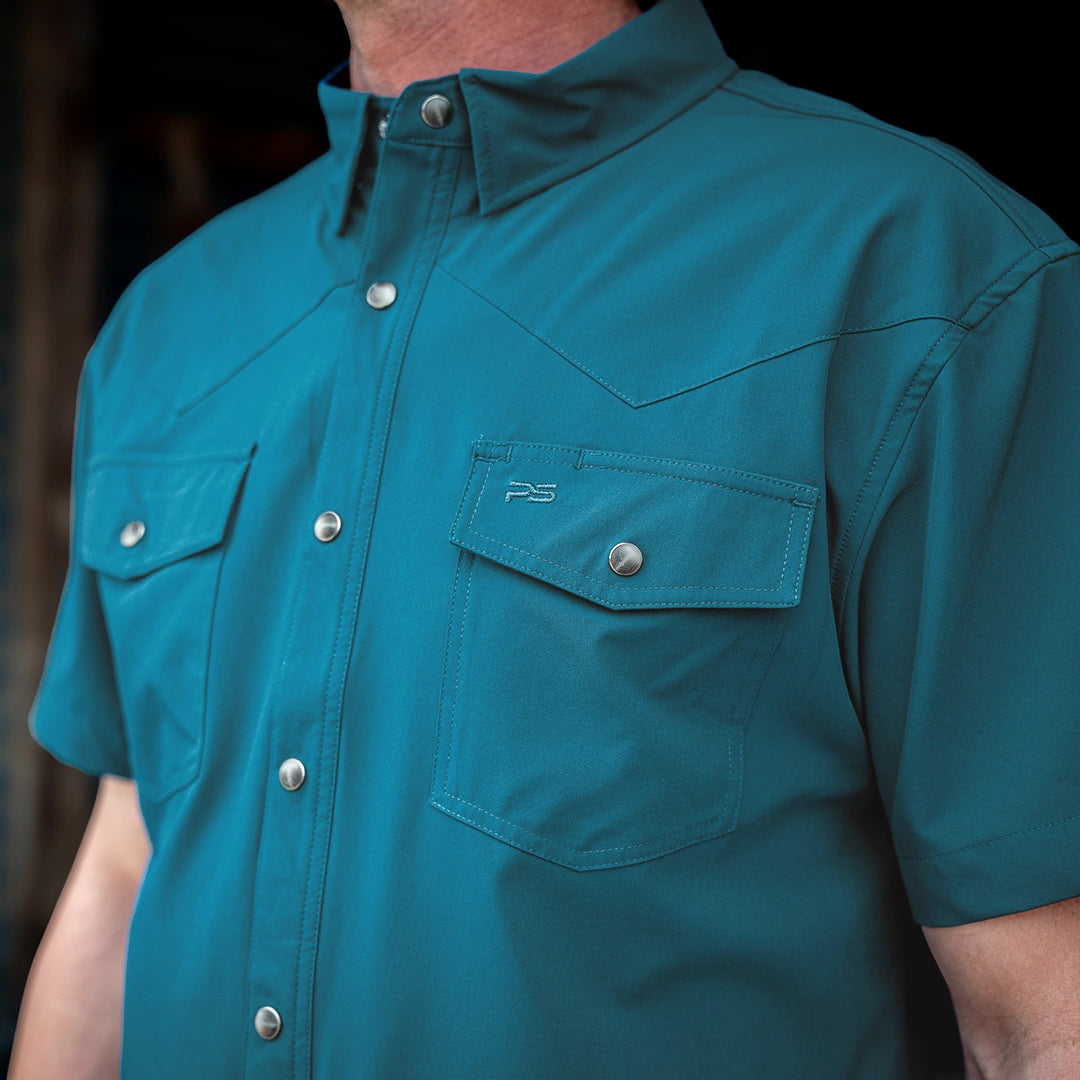 Short Sleeve Premium Western Pearl Snap Flex Shirt - Reef Blue