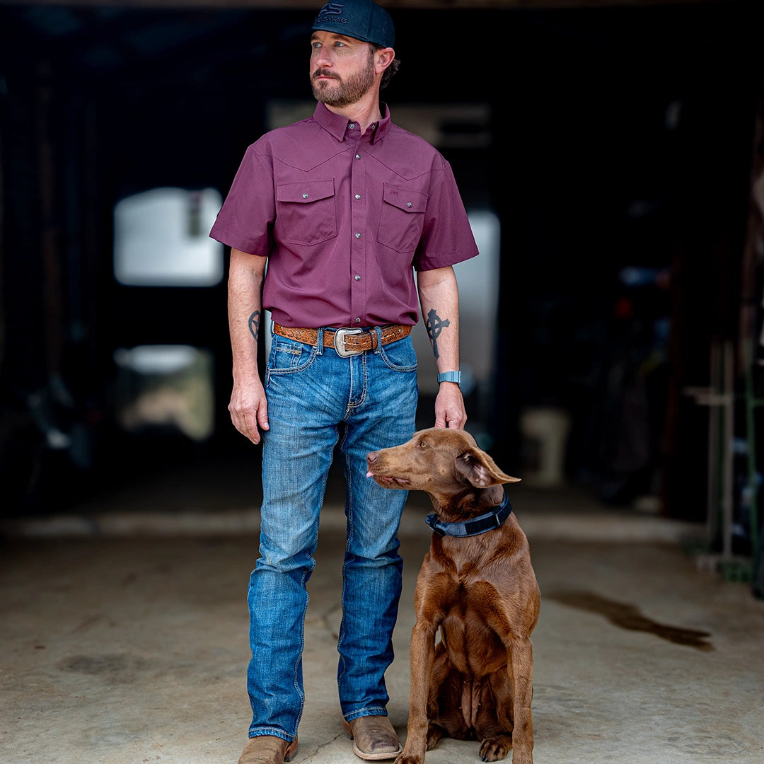 Short Sleeve Premium Western Pearl Snap Flex Shirt - Sangria Maroon