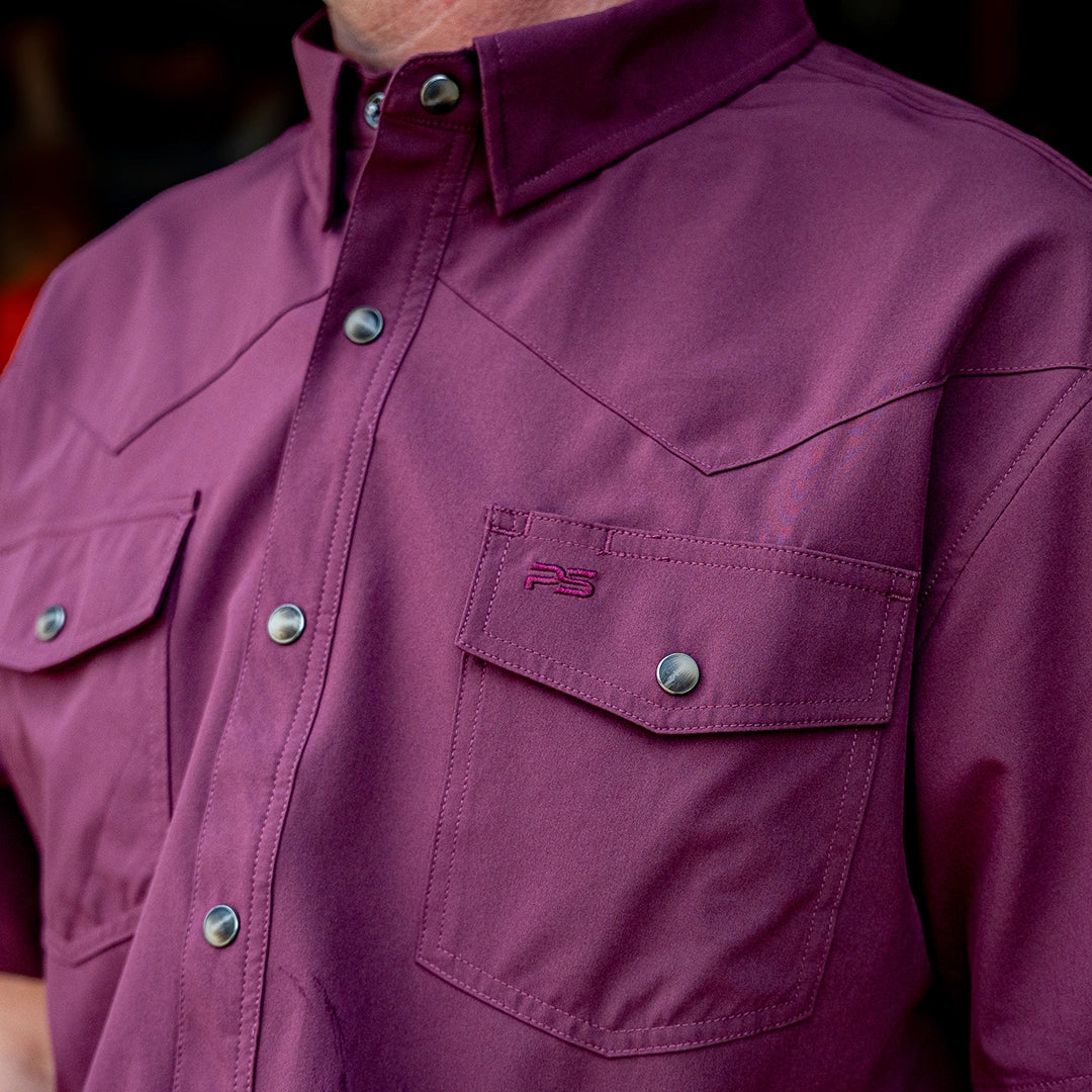 Short Sleeve Premium Western Pearl Snap Flex Shirt - Sangria Maroon